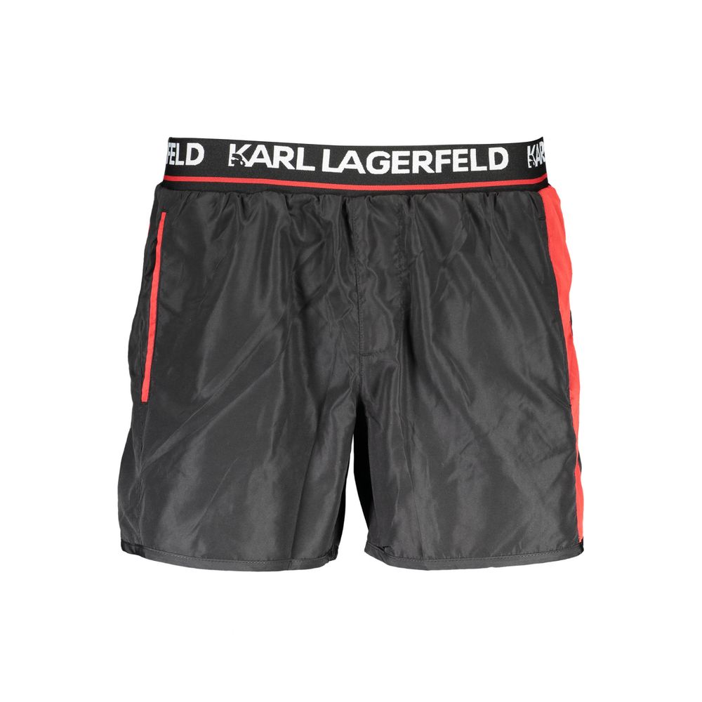 Swim Shorts by Karl Lagerfeld for men in polyester black showcases a sculptural silhouette, expertly capturing the sophisticated essence of the sculptural Men's Polyester Swim Shorts design for a premium poolside look.