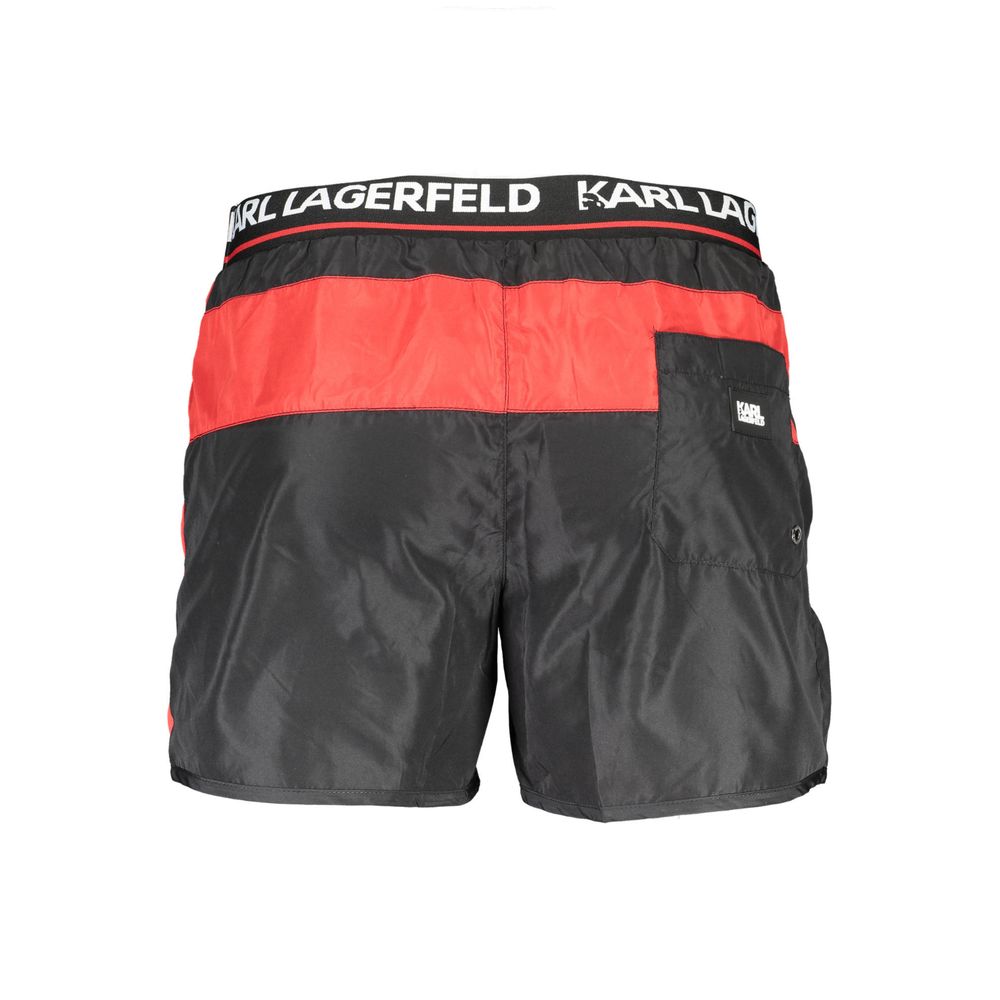 Swim Shorts by Karl Lagerfeld for men in polyester and black showcases a sinuous silhouette, expertly cut for a sinuous fit as part of the Men's Polyester Swim Shorts collection.