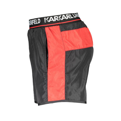 Swim Shorts by Karl Lagerfeld for men in polyester black features an dramatic silhouette that defines the luxurious aesthetic and refined cut of the Men's Polyester Swim Shorts.