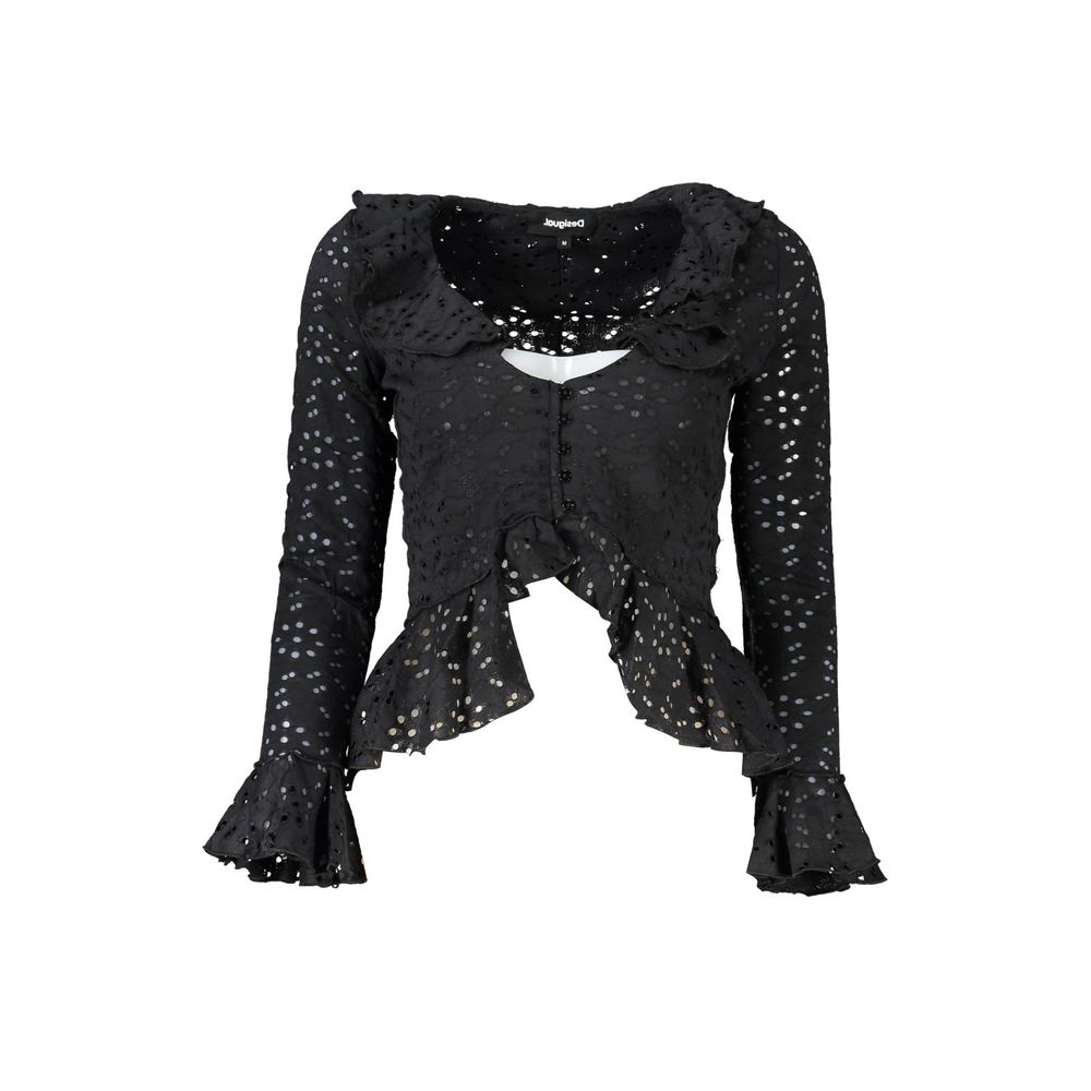 Blouse by Desigual for women in stretch polyamide cotton black showcases a sleek silhouette, elegantly detailed with a sleek v-neck neckline and long-sleeve for a sleek finish.