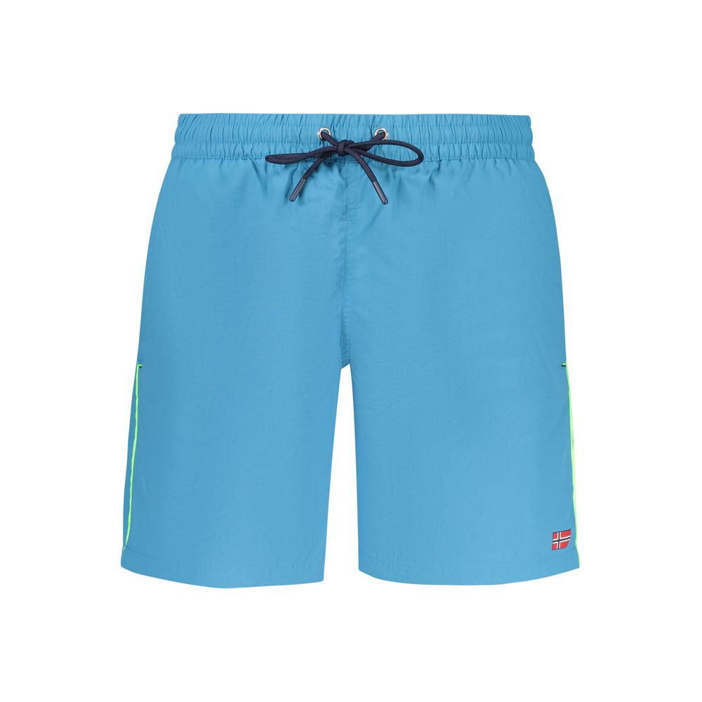 Swim Shorts by Norway 1963 for men in polyamide blue & print showcases a sculptural silhouette, expertly capturing the sophisticated essence of the sculptural Men's Polyamide Swim Shorts design for a premium poolside look.