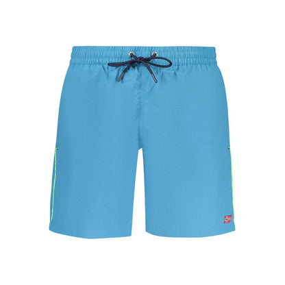 Swim Shorts by Norway 1963 for men in polyamide blue & print showcases a sculptural silhouette, expertly capturing the sophisticated essence of the sculptural Men's Polyamide Swim Shorts design for a premium poolside look.