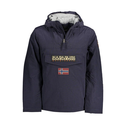 Hooded Windbreaker Jacket by Napapijri for men in polyamide felt blue showcases a modern silhouette, integrating pockets, hooded & windproof and a modern hooded neckline for a sophisticated finish.