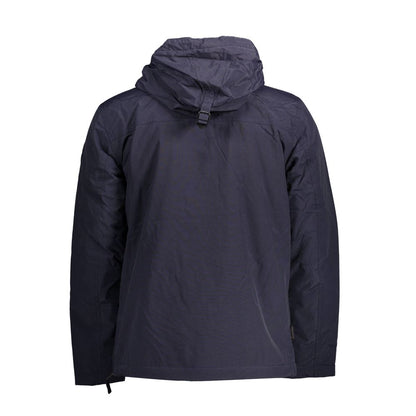 Hooded Windbreaker Jacket by Napapijri for men in polyamide felt blue presents a resilient silhouette, artfully detailed with a sophisticated and functional pockets, hooded & windproof for a resilient finish.