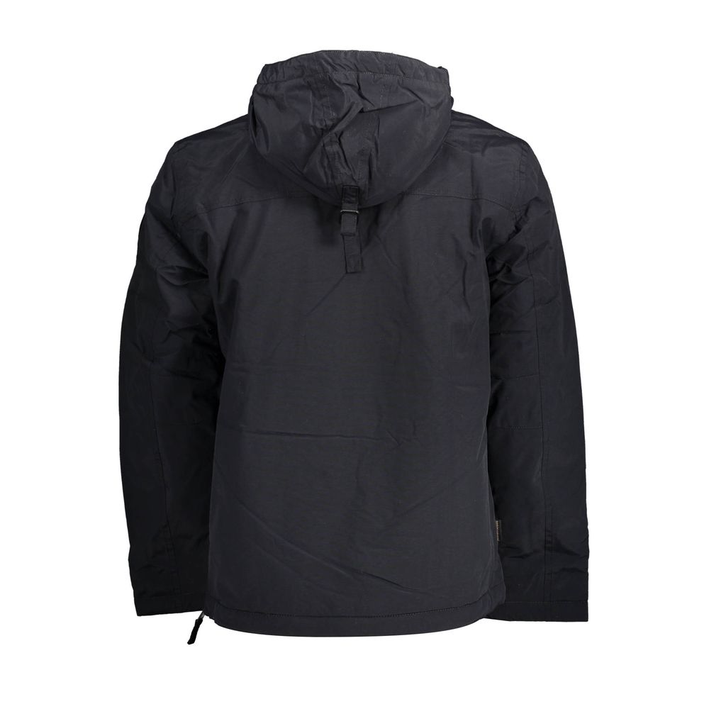 Hooded Windbreaker Jacket by Napapijri for men in polyamide felt black showcases a modern silhouette, integrating pockets, hooded & windproof and a modern hooded neckline for a sophisticated finish.