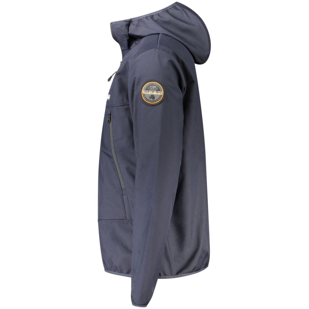 Hooded Windbreaker Jacket by Napapijri for men in polyester blue & print features an magnificent silhouette, showcasing the sophisticated and functional pockets, hooded & windproof for a premium, magnificent look.