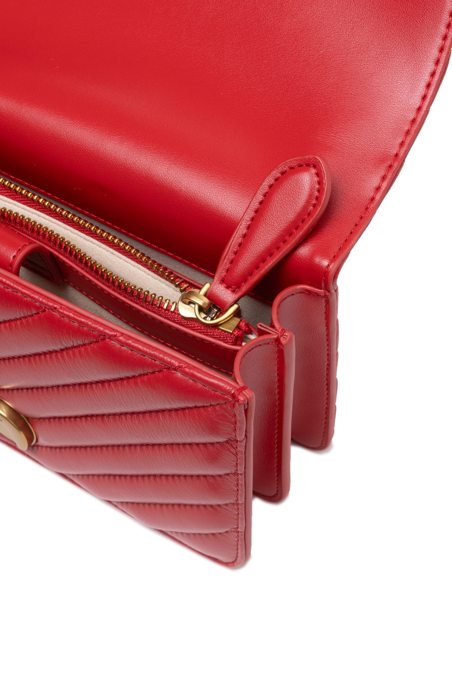 Shoulder Bag by PINKO for women in cotton & leather red & chevron showcases a statuesque silhouette, artfully detailed with a secure zipper & buckle, organized built-in-compartments, and versatile shoulder-strap & adjustable-strap for a statuesque look.