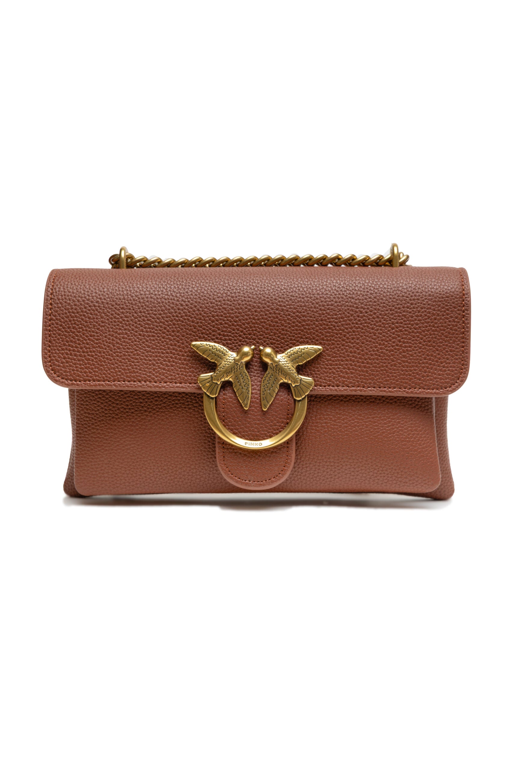 2-in-1 Shoulder & Crossbody Flap Bag by PINKO for women in poly suede leather & cotton brown & gold showcases a statuesque silhouette, artfully detailed with a secure flap, zipper & buckle, organized , and versatile crossbody-strap, shoulder-strap & adjustable-strap for a statuesque look.