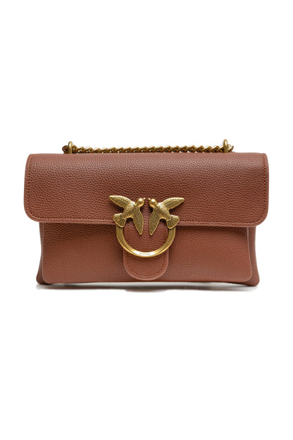2-in-1 Shoulder & Crossbody Flap Bag by PINKO for women in poly suede leather & cotton brown & gold showcases a statuesque silhouette, artfully detailed with a secure flap, zipper & buckle, organized , and versatile crossbody-strap, shoulder-strap & adjustable-strap for a statuesque look.