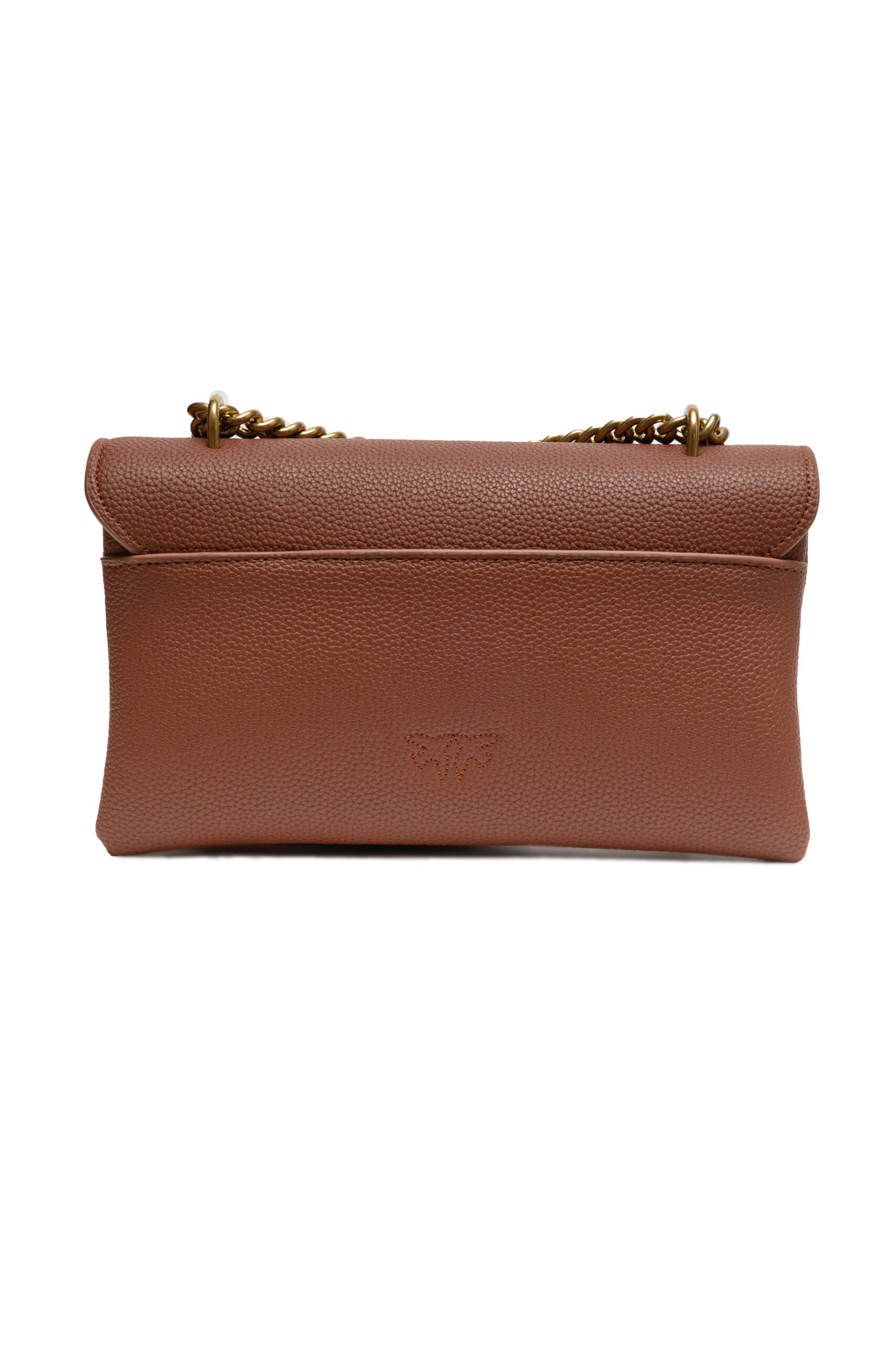 2-in-1 Shoulder & Crossbody Flap Bag by PINKO for women in poly suede leather & cotton brown & gold features a statuesque silhouette, showcasing a secure flap, zipper & buckle and statuesque with versatile crossbody-strap, shoulder-strap & adjustable-strap for a statuesque finish.