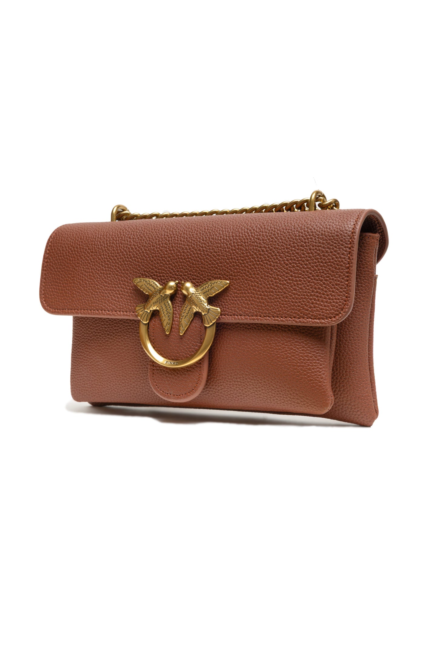 2-in-1 Shoulder & Crossbody Flap Bag by PINKO for women in poly suede leather & cotton brown & gold features an effortlessly chic silhouette with a secure flap, zipper & buckle, ample , and versatile crossbody-strap, shoulder-strap & adjustable-strap for effortlessly chic everyday luxury.