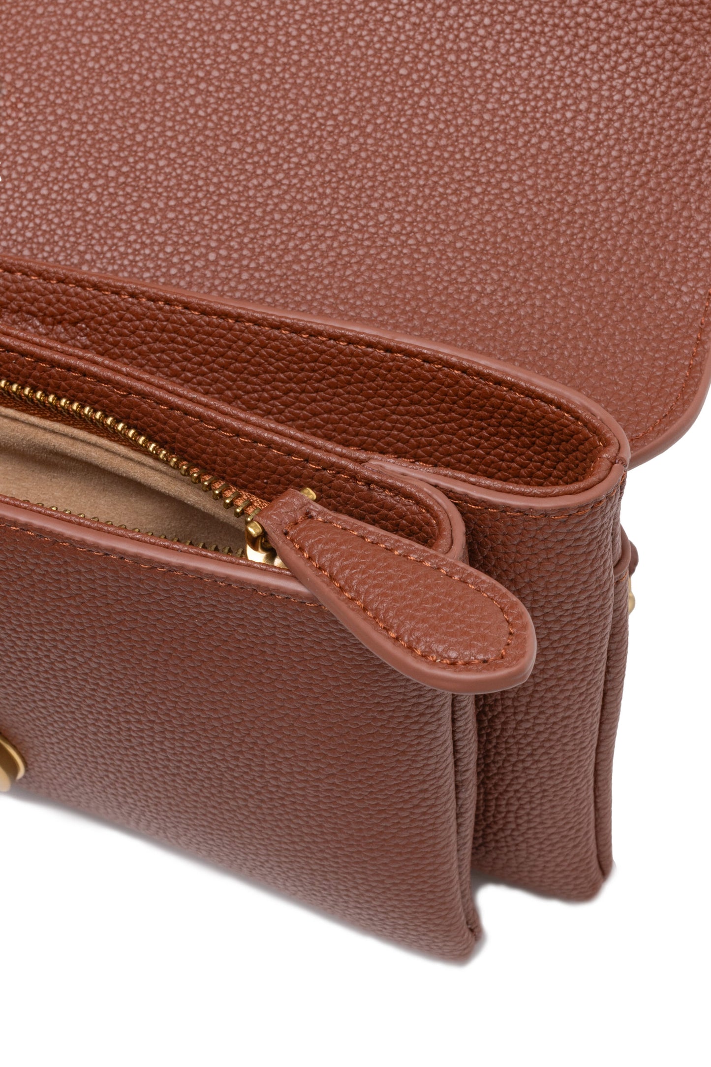 2-in-1 Shoulder & Crossbody Flap Bag by PINKO for women in poly suede leather & cotton brown & gold presents a statuesque silhouette, showcasing a secure flap, zipper & buckle and statuesque with versatile crossbody-strap, shoulder-strap & adjustable-strap for a sophisticated look.