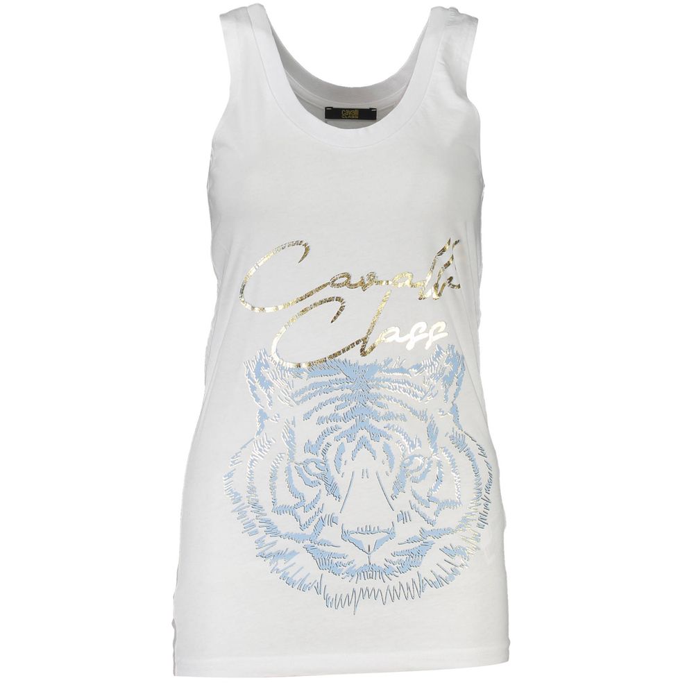 Tank Top by Cavalli Class for women in cotton white & print showcases a perennial silhouette, artfully detailed with a sleeveless design and a perennial round neckline.