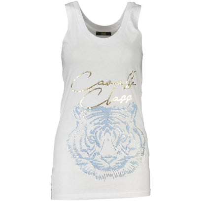 Tank Top by Cavalli Class for women in cotton white & print showcases a perennial silhouette, artfully detailed with a sleeveless design and a perennial round neckline.