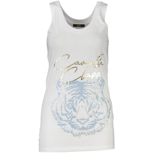 Tank Top by Cavalli Class for women in cotton white & print showcases a perennial silhouette, artfully detailed with a sleeveless design and a perennial round neckline.
