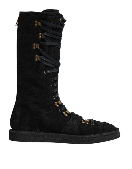 Flat Lace-Up Mid-Calf Boots by Dolce & Gabbana for men in polyamide calf & goat leather & alpaca wool black features an avant-garde Men's Polyamide Calf & Goat Leather Alpaca Wool Flat Lace-Up Mid-Calf Boots silhouette, defined by a sophisticated flat and a avant-garde .