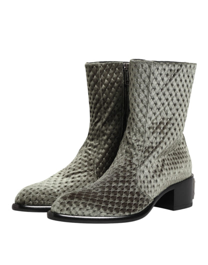 Dolce & Gabbana Gray Cotton Velvet Mid Calf Short Boots Shoes