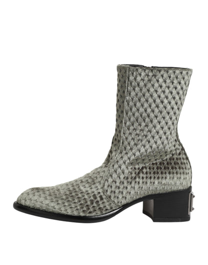 Dolce & Gabbana Men's Velvet Silk Cotton & Calf Leather Ankle Mid-Calf Short Boots - Gray
