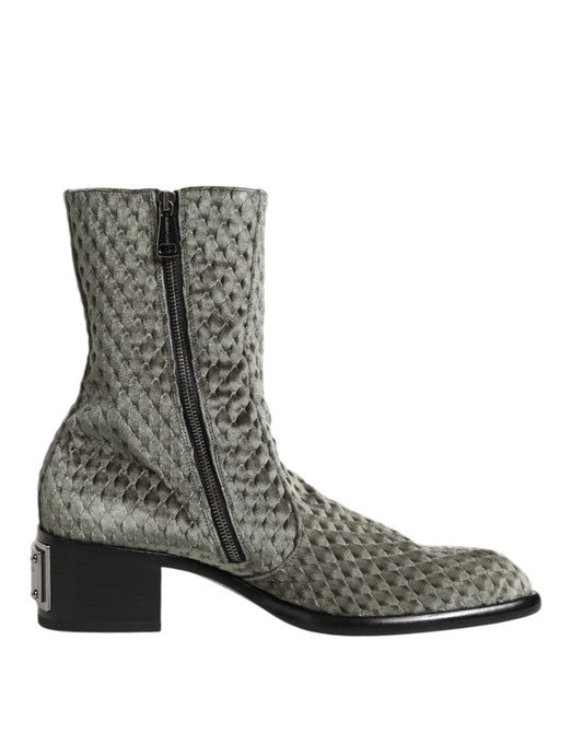 Ankle Mid-Calf Short Boots by Dolce & Gabbana for men in velvet silk cotton & calf leather gray features an avant-garde Men's Velvet Silk Cotton & Calf Leather Ankle Mid-Calf Short Boots silhouette, defined by a sophisticated and a avant-garde .