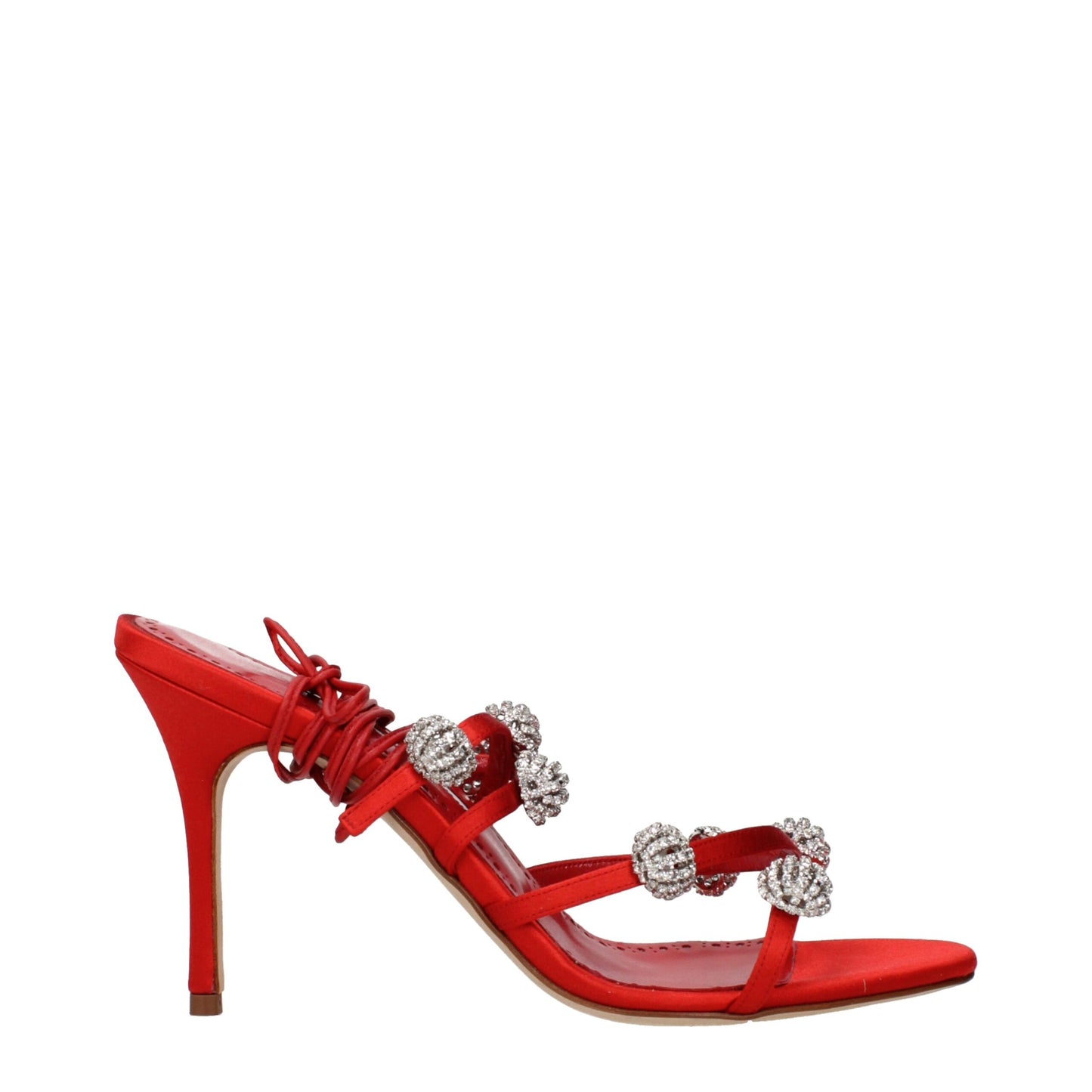 Stiletto Sandals by Manolo Blahnik for women in satin & rhinestone red presents a sculptural silhouette, showcasing the Women's Satin & Rhinestone Stiletto Sandals design with a sculptural stiletto and for a premium look.