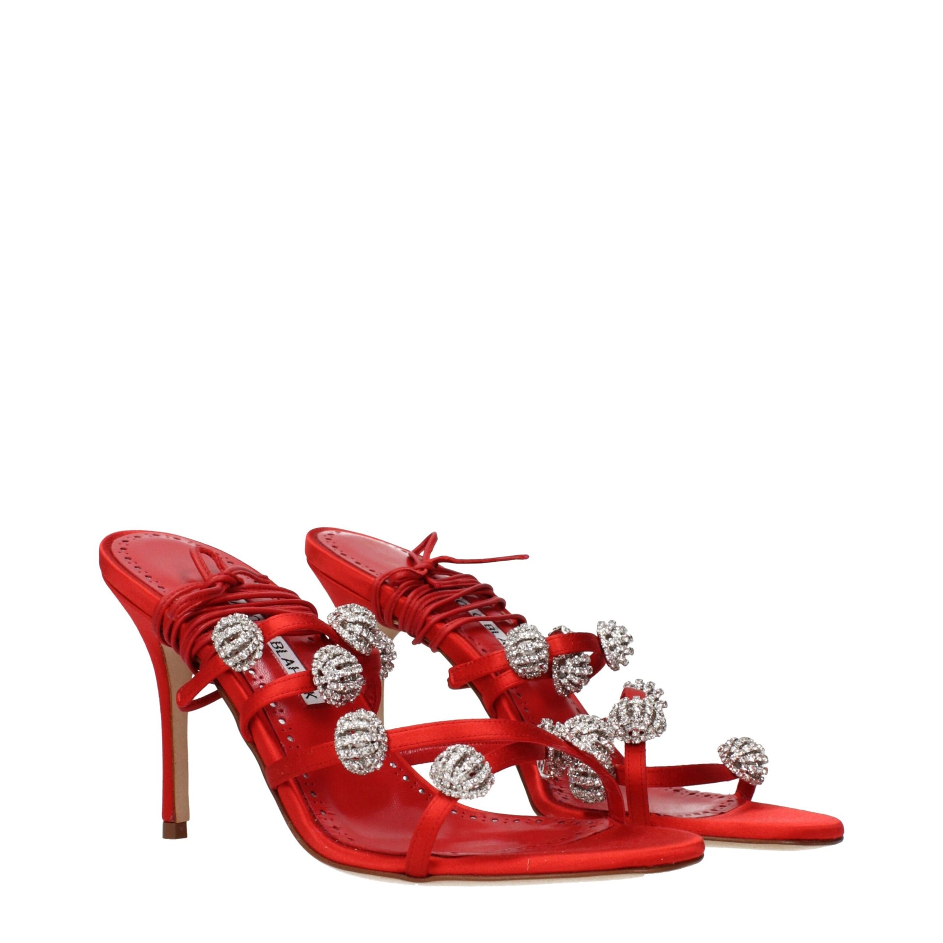 Stiletto Sandals by Manolo Blahnik for women in satin & rhinestone red features an statuesque Women's Satin & Rhinestone Stiletto Sandals silhouette with a refined stiletto and elegant .