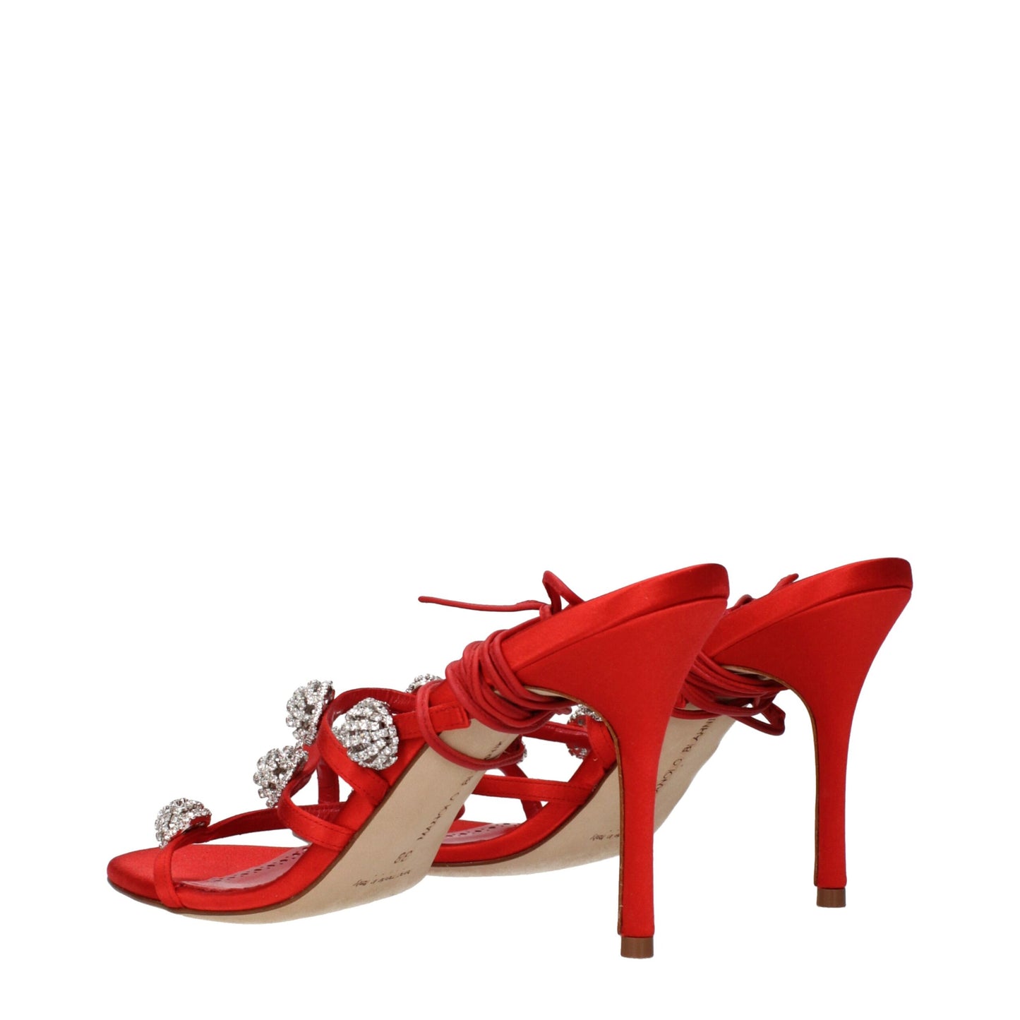 Stiletto Sandals by Manolo Blahnik for women in satin & rhinestone red features an effortlessly chic silhouette from the Women's Satin & Rhinestone Stiletto Sandals collection, showcasing a effortlessly chic stiletto and elegant .
