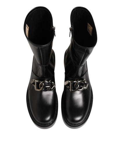 Dolce & Gabbana Men's Calf Leather Viscose & Silk Flat Biker Mid-Calf Boots - Black