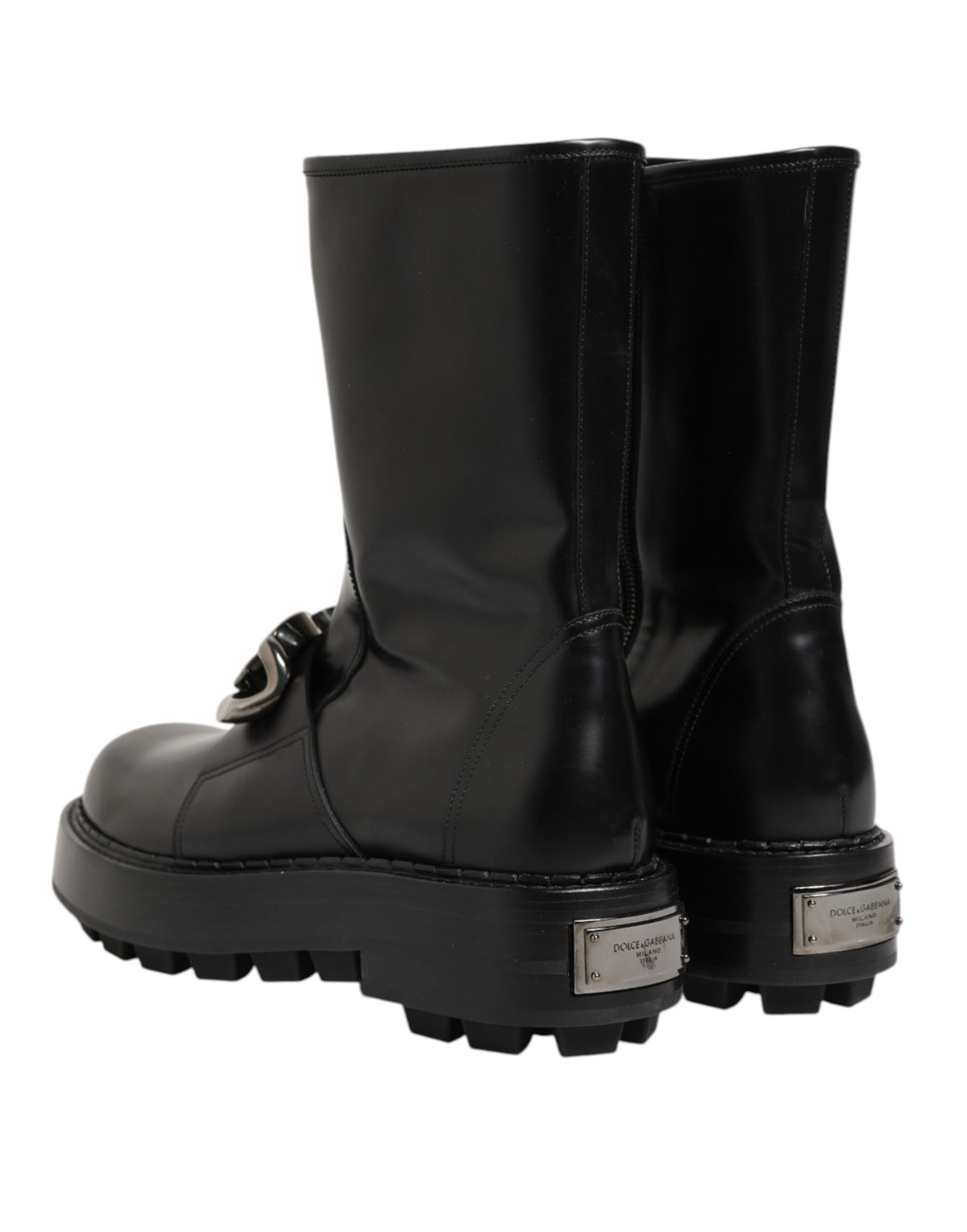 Dolce & Gabbana Men's Calf Leather Viscose & Silk Flat Biker Mid-Calf Boots - Black