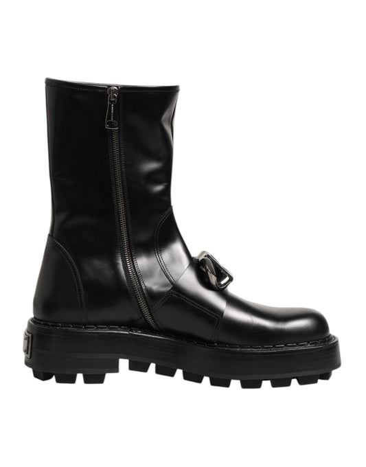 Flat Biker Mid-Calf Boots by Dolce & Gabbana for men in calf leather viscose & silk black features an high-performance silhouette, showcasing the sophisticated design of the Men's Calf Leather Viscose & Silk Flat Biker Mid-Calf Boots with a flat and a refined .