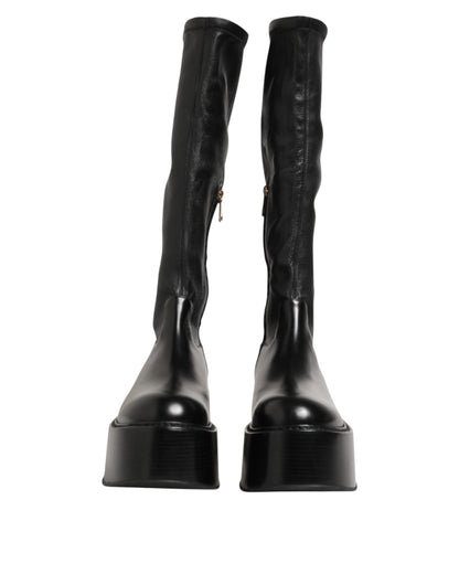 Dolce & Gabbana Men's Silk Viscose Calf & Goat Leather High-Heel Over-The-Knee Boots - Black Signature
