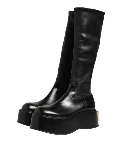 Dolce & Gabbana Men's Silk Viscose Calf & Goat Leather High-Heel Over-The-Knee Boots - Black Signature
