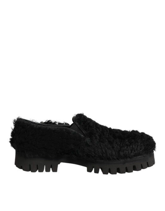 Dolce & Gabbana Men's Calf & Goat Leather Fur Platform Loafer Slip-On Slippers Shoes - Black