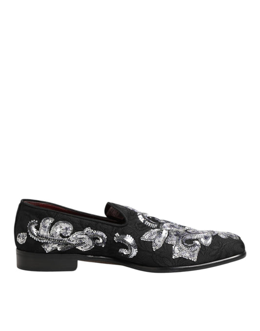 Loafer Slip-On Shoes by Dolce & Gabbana for men in silk viscose polyester & goat leather black & silver features an ergonomic silhouette, perfectly showcasing Men's Silk Viscose Polyester & Goat Leather Loafer Slip-On Shoes with its distinct and elegant .