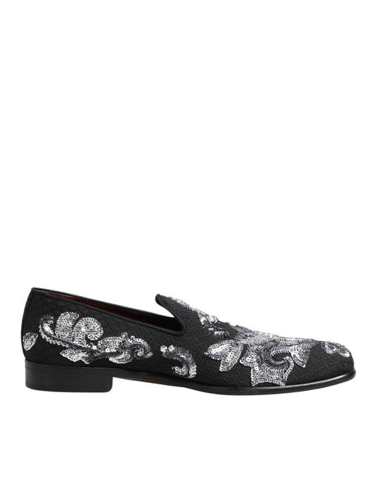 Loafer Slip-On Shoes by Dolce & Gabbana for men in silk viscose polyester & goat leather black & silver showcases a resplendent Men's Silk Viscose Polyester & Goat Leather Loafer Slip-On Shoes aesthetic, defined by its resplendent and elegant .