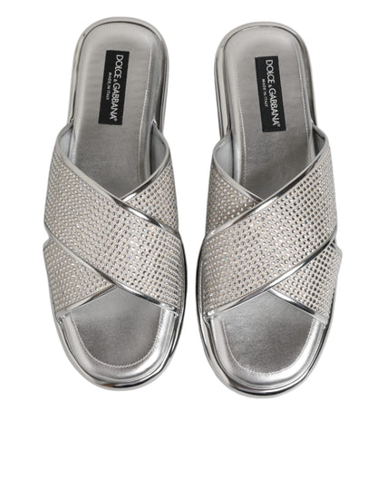 Dolce & Gabbana Men's Polyester Polyurethane & Goat Leather Flat Slider Shoes - Silver