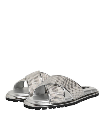 Dolce & Gabbana Men's Polyester Polyurethane & Goat Leather Flat Slider Shoes - Silver
