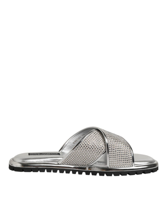 Dolce & Gabbana Men's Polyester Polyurethane & Goat Leather Flat Slider Shoes - Silver