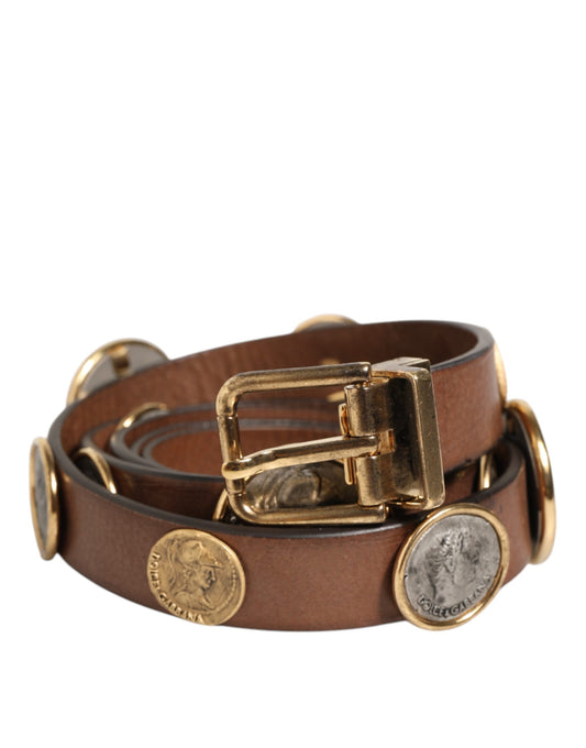 Belt by Dolce & Gabbana for men in calf leather brown, gold, silver & signature features an artisanal finish, elegantly showcasing the signature style and artisanal craftsmanship of the Calf Leather Belt design.