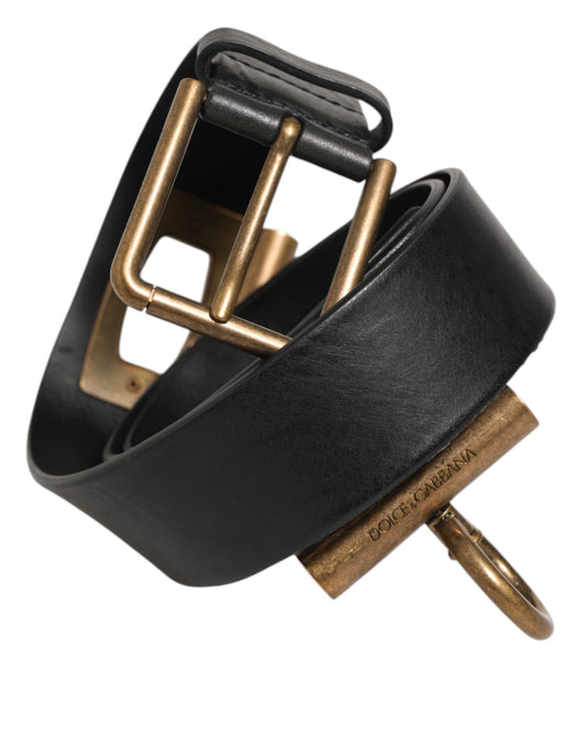Belt by Dolce & Gabbana for men in leather & brass black & gold features an artisanal finish, elegantly showcasing the signature style and artisanal craftsmanship of the Leather & Brass Belt design.