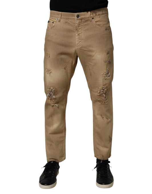 Jeans by Dolce & Gabbana for men in denim cotton beige features an sartorial tapered-leg, relaxed-fit & regular-fit and with a cut for a sartorial finish.