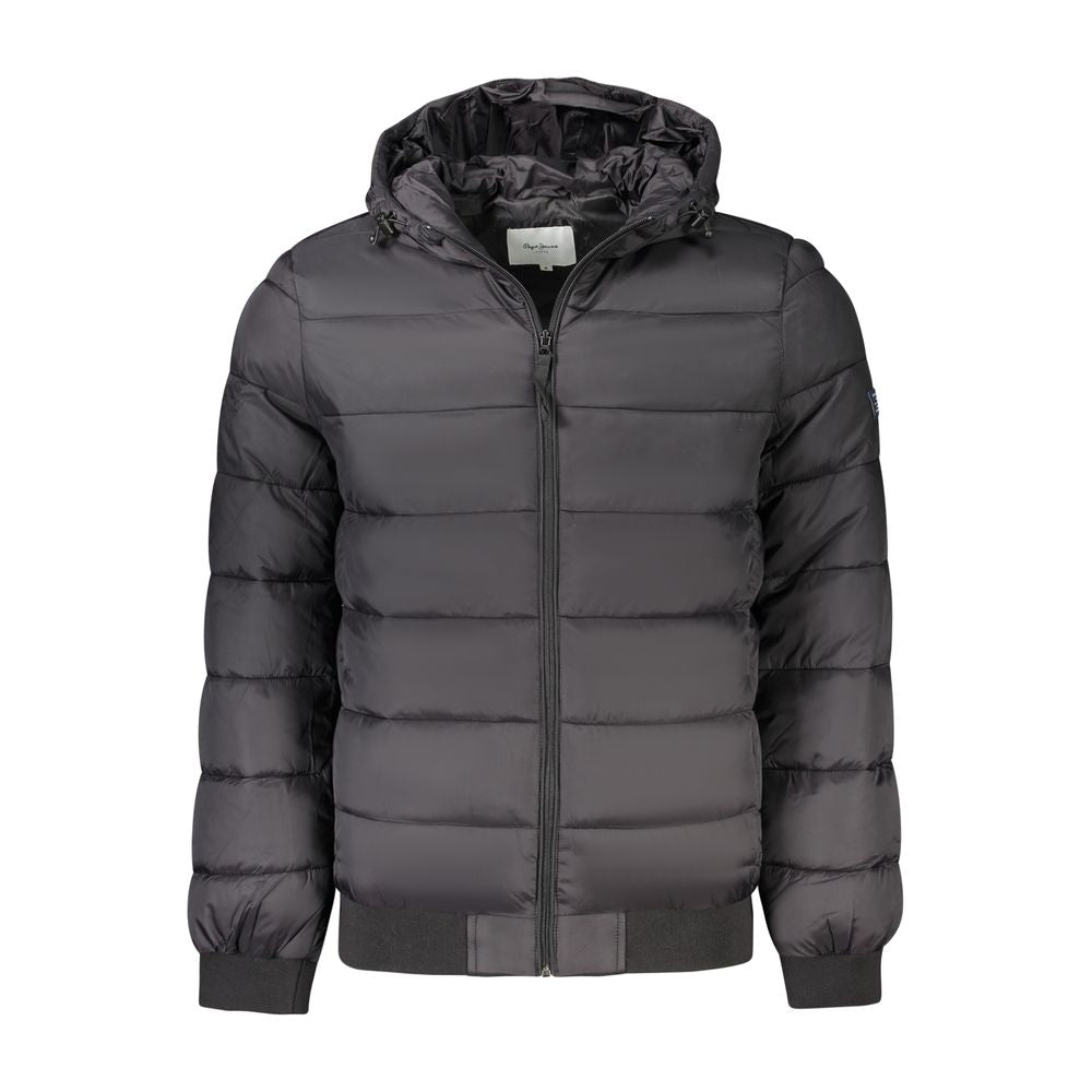 Hooded Windbreaker Jacket by Pepe Jeans for men in polyamide black features an perennial silhouette with a refined hooded neckline and perennial pockets, hooded & windproof for a sophisticated weather-resistant look.