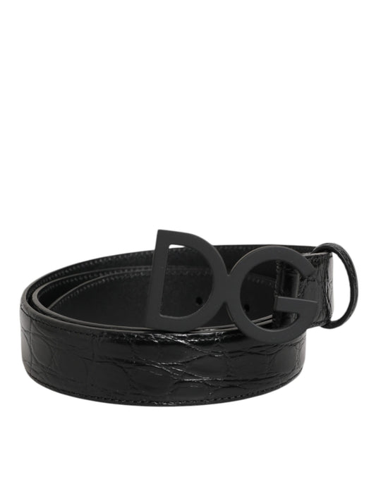 Belt by Dolce & Gabbana for men in crocodile skin calf leather & metal black features an artisanal finish, elegantly showcasing the signature style and artisanal craftsmanship of the Crocodile Skin Calf Leather & Metal Belt design.