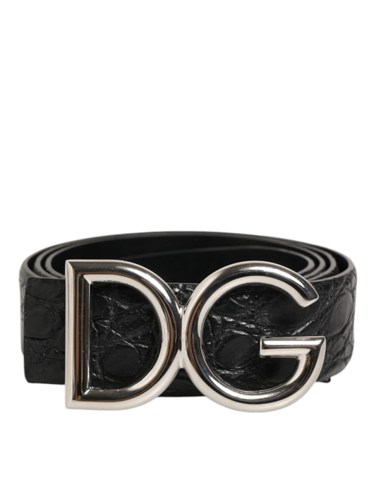 Dolce & Gabbana Caiman Calf & Exotic Leather Belt - Black Silver