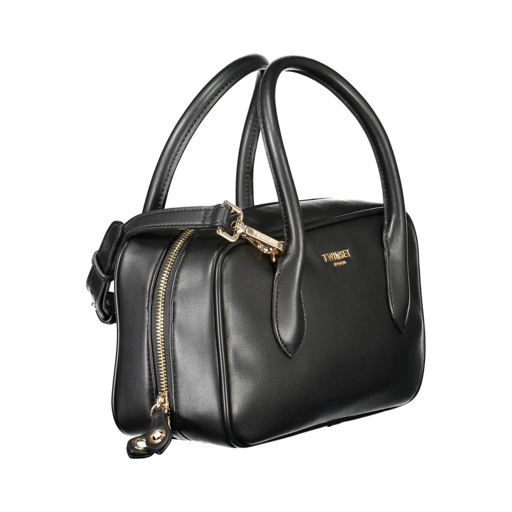 Handbag by Twinset for women in polyethylene & polyurethane black features a ornamental silhouette, showcasing a secure zipper, ample internal-pockets & cardholder, and ornamental shoulder-strap, handle & adjustable-strap for a sophisticated look.