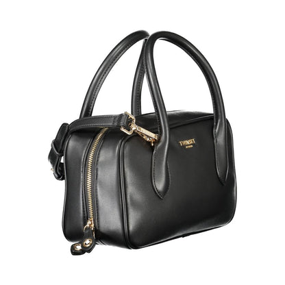Handbag by Twinset for women in polyethylene & polyurethane black features a ornamental silhouette, showcasing a secure zipper, ample internal-pockets & cardholder, and ornamental shoulder-strap, handle & adjustable-strap for a sophisticated look.