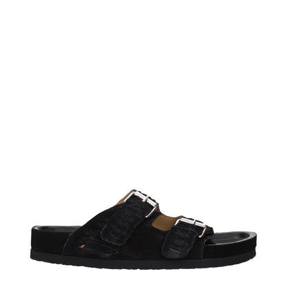 Flat Clogs Slippers by Isabel Marant for men in suede leather & rubber black & silver presents a sumptuous silhouette, perfectly capturing the sumptuous essence of Men's Suede Leather & Rubber Flat Clogs Slippers with its signature open toe style and flat.