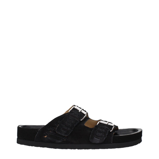 Flat Clogs Slippers by Isabel Marant for men in suede leather & rubber black & silver presents a sumptuous silhouette, perfectly capturing the sumptuous essence of Men's Suede Leather & Rubber Flat Clogs Slippers with its signature open toe style and flat.