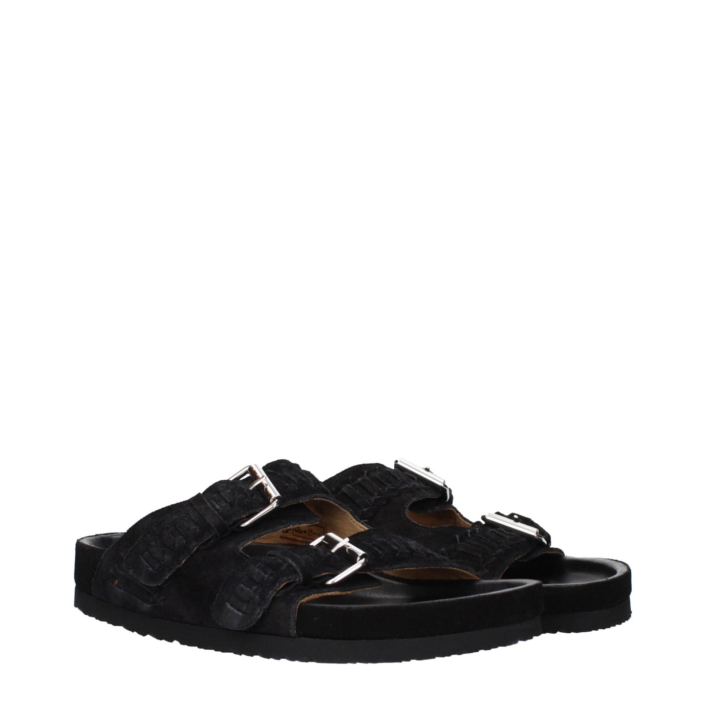 Flat Clogs Slippers by Isabel Marant for men in suede leather & rubber black & silver features an effortlessly elegant silhouette, showcasing the Men's Suede Leather & Rubber Flat Clogs Slippers design with an effortlessly elegant flat and a open toe style for a effortlessly elegant look.