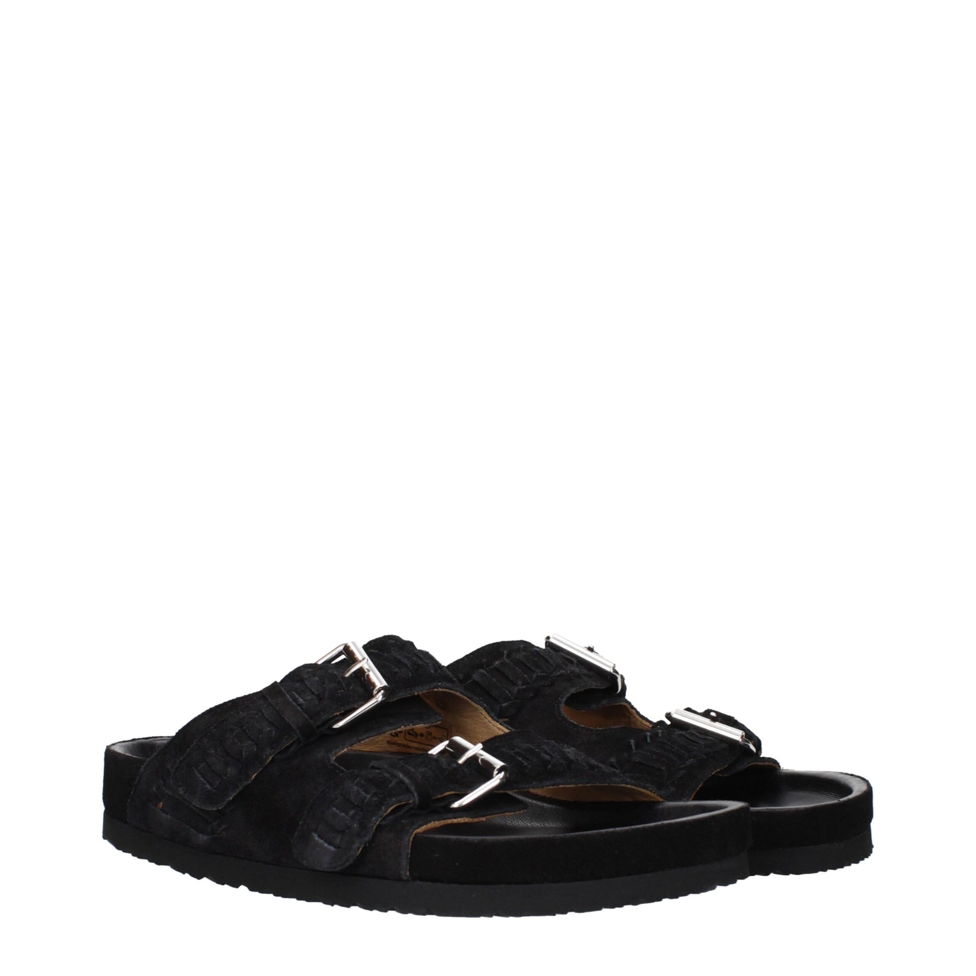 Flat Clogs Slippers by Isabel Marant for men in suede leather & rubber black & silver features an effortlessly elegant silhouette, showcasing the Men's Suede Leather & Rubber Flat Clogs Slippers design with an effortlessly elegant flat and a open toe style for a effortlessly elegant look.