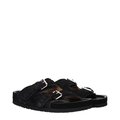 Flat Clogs Slippers by Isabel Marant for men in suede leather & rubber black & silver features an effortlessly elegant silhouette, showcasing the Men's Suede Leather & Rubber Flat Clogs Slippers design with an effortlessly elegant flat and a open toe style for a effortlessly elegant look.